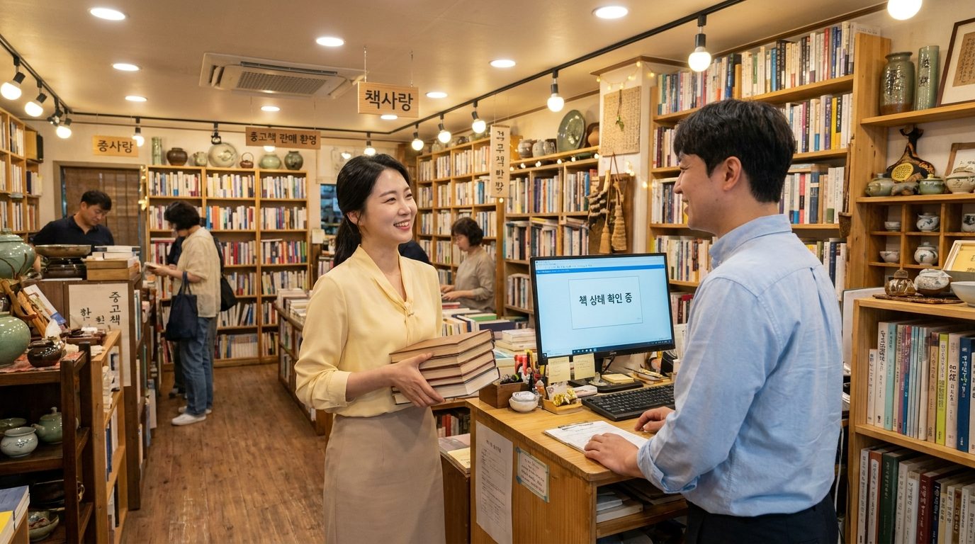 밝고 환한 중고서점에서 노란색 블라우스를 입은 여성이 점원과 책 상태를 확인하며 대화하는 모습.