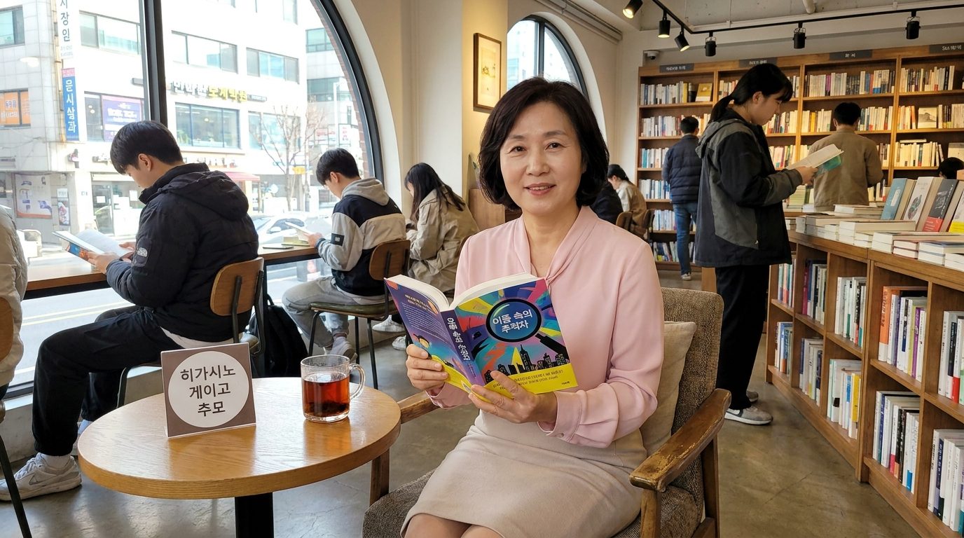 따뜻한 조명 아래 현대 한국 서점에서 추리소설을 읽고 있는 중년 여성 독서 애호가의 모습