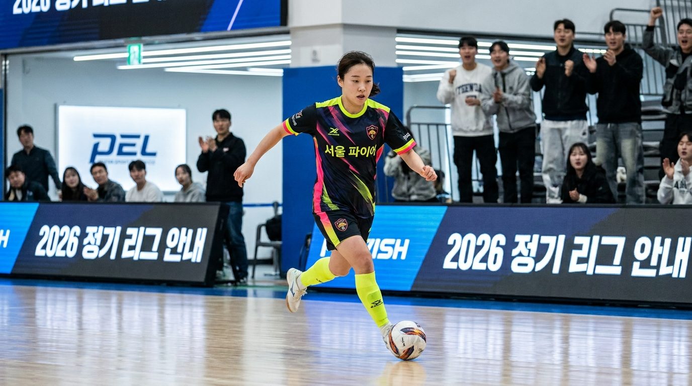 현대적인 실내 체육관에서 여성 풋살 선수가 공을 드리블하며 정기 리그 중인 모습