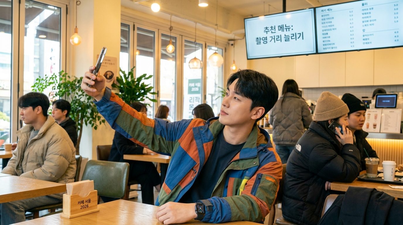 셀카 촬영 시 왜곡을 줄이기 위해 팔을 쭉 뻗고 높은 시선에서 찍는 모습을 보여주는 한국인 젊은 남성 카페 실내 사진