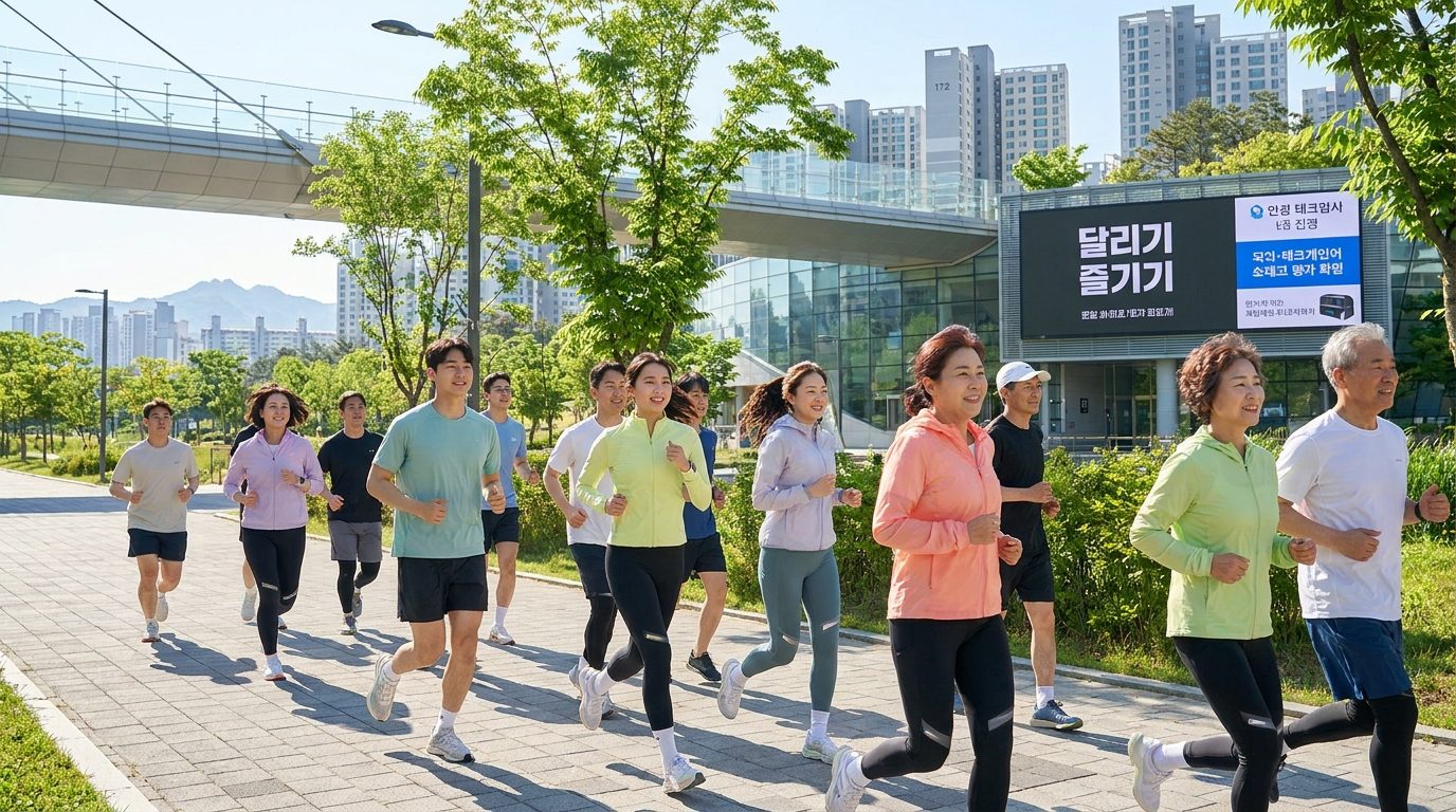 현대적인 2026년 대한민국의 도시 공원에서 건강하게 야외 러닝 중인 다양한 한국인 주자들 모습