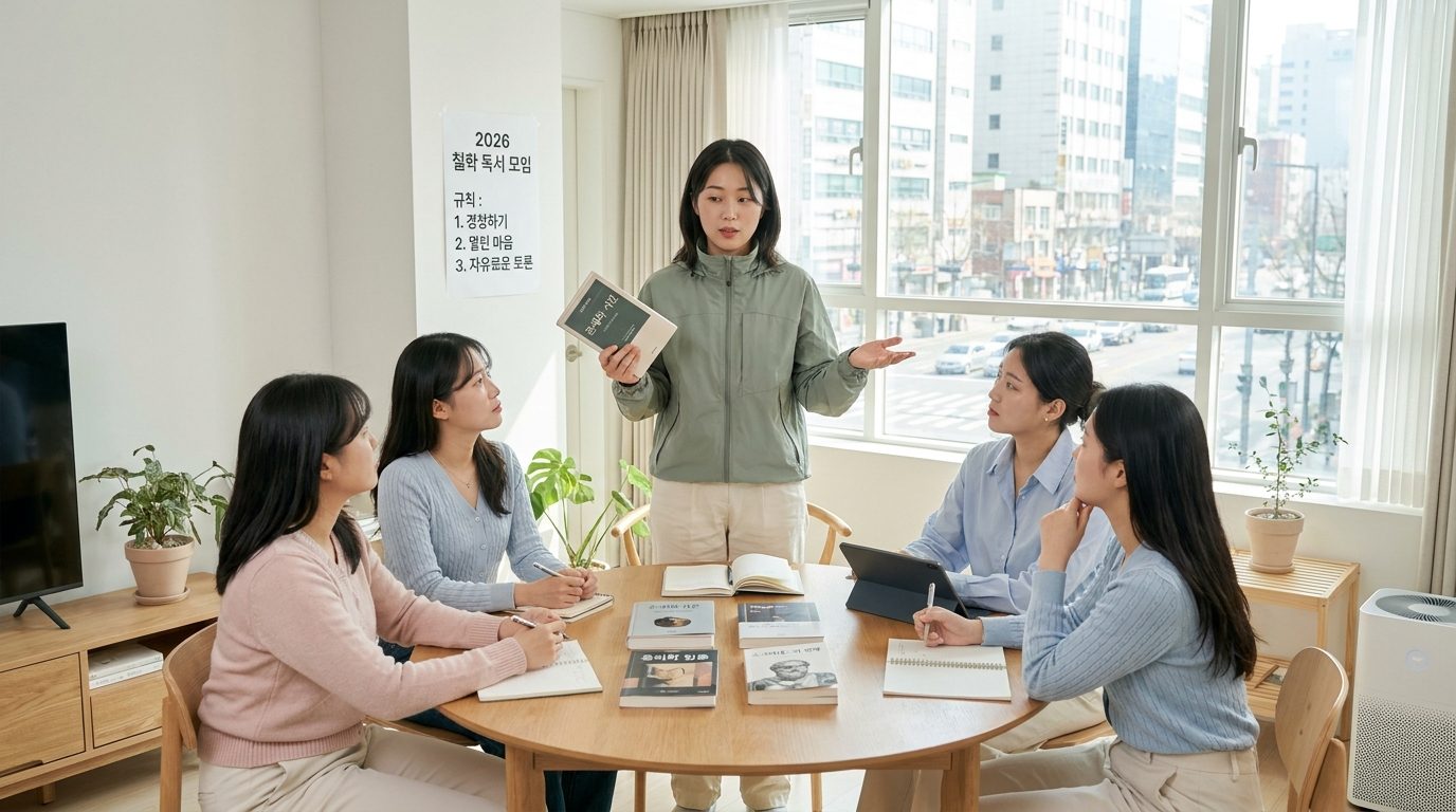 철학 독서모임 토론: 편안하고 현대적인 모임 공간에서 2026년 한국 여성 독서모임 리더가 철학책을 들고 주의를 환기하며 토론을 이끄는 모습. 다양한 여성들이 부드러운 파스텔색 의상을 입고 둥근 탁자에 앉아 철학책과 노트를 펼쳐놓고 있음. 자연광이 들어와 생각에 잠긴 표정을 밝게 비춤. 배경에는 한글로 된 철학 독서모임 규칙 포스터가 걸려 있음.