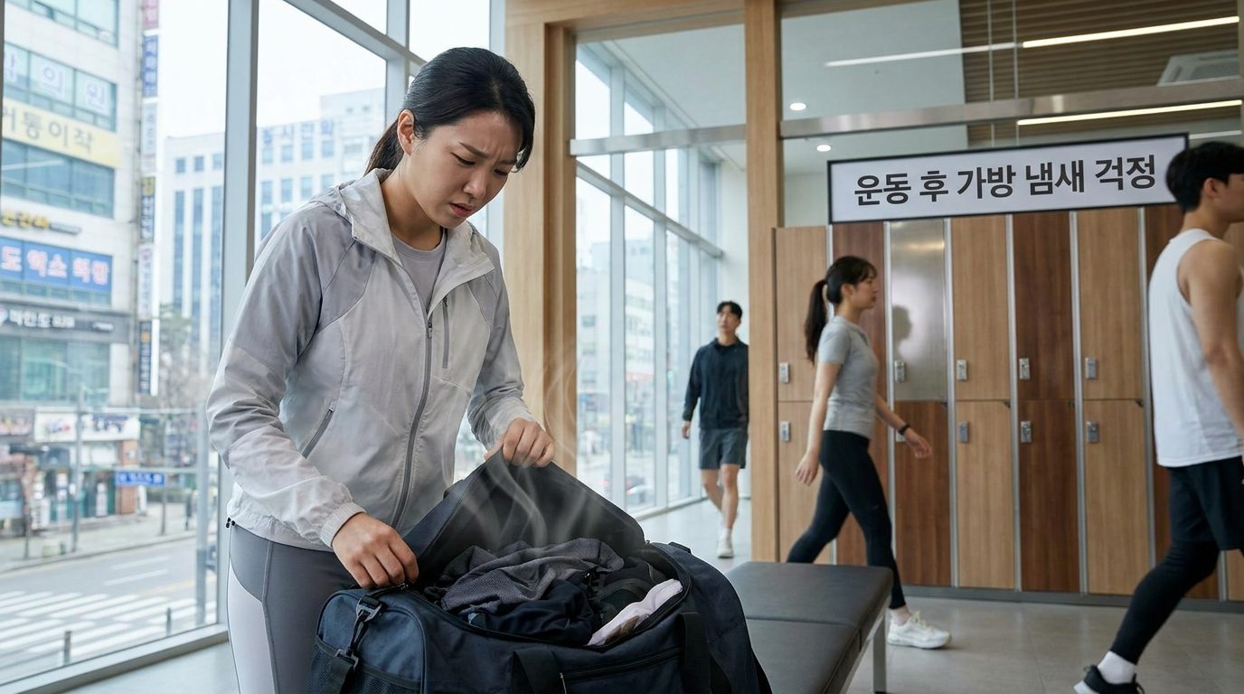 스포츠 세제 추천: 풋살을 마치고 가방을 열었을 때 나는 쉰내를 걱정하는 표정의 여성 선수 모습