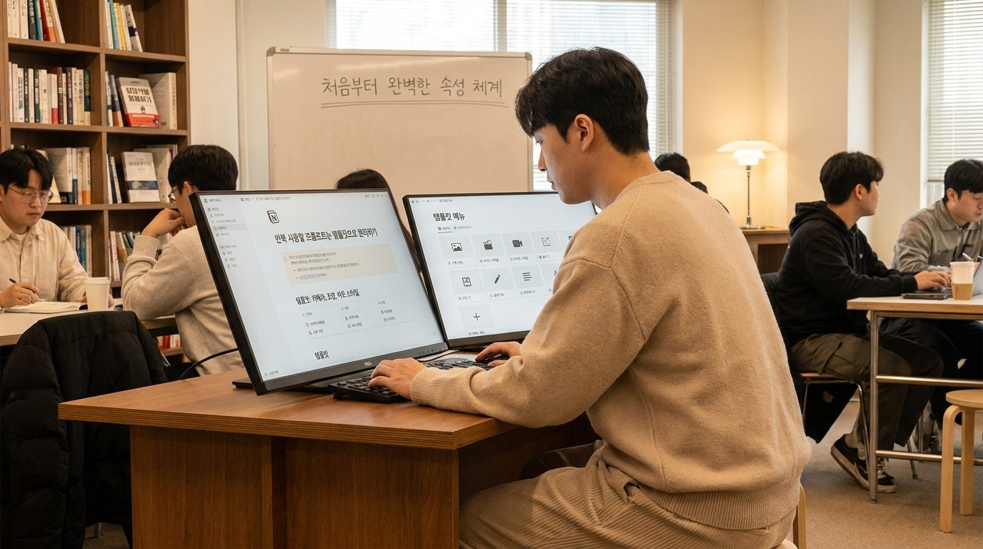노션 템플릿을 활용하여 효율적인 프롬프트 재사용 작업을 하는 한국 크리에이터 모습
