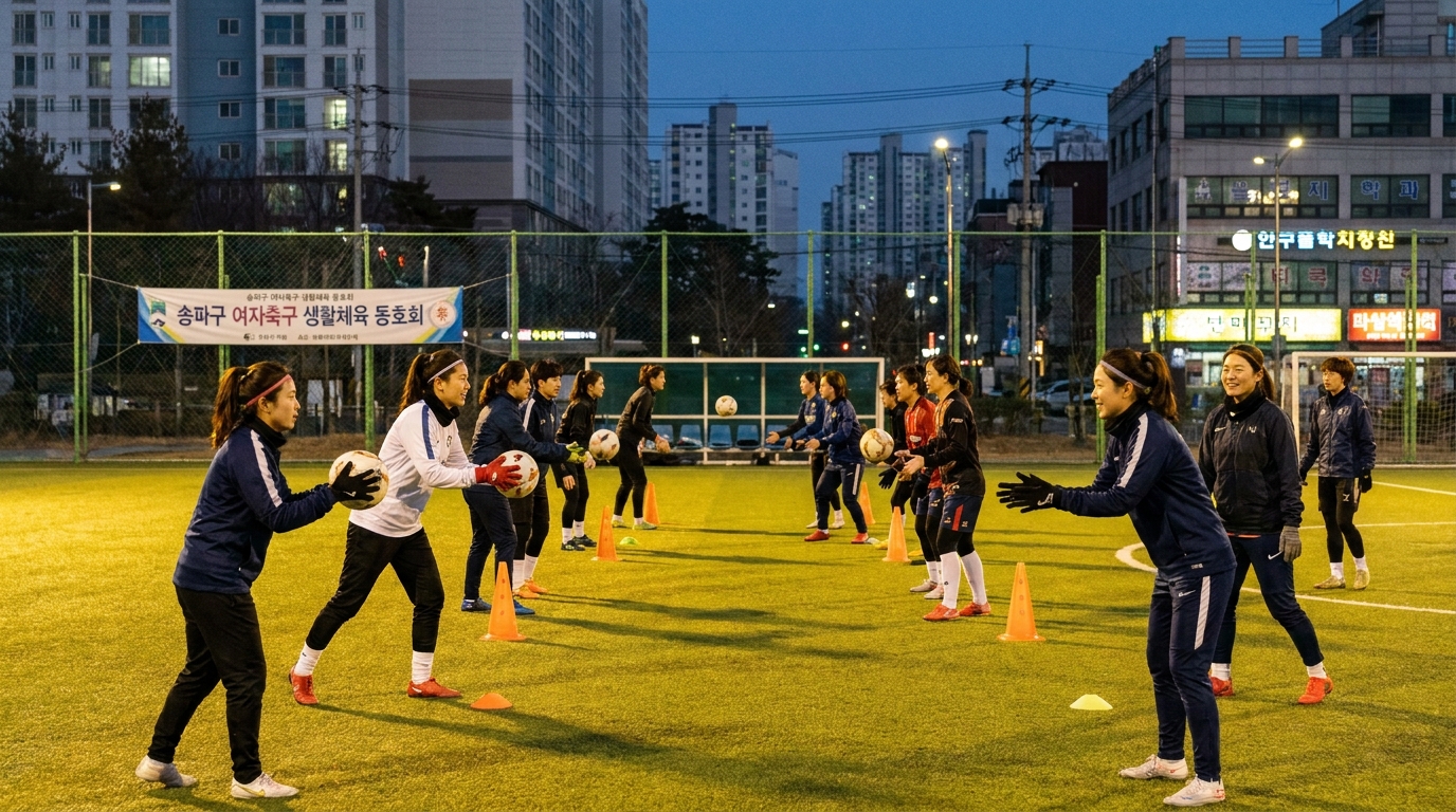 송파구 여자축구 동호회의 야간 훈련 모습