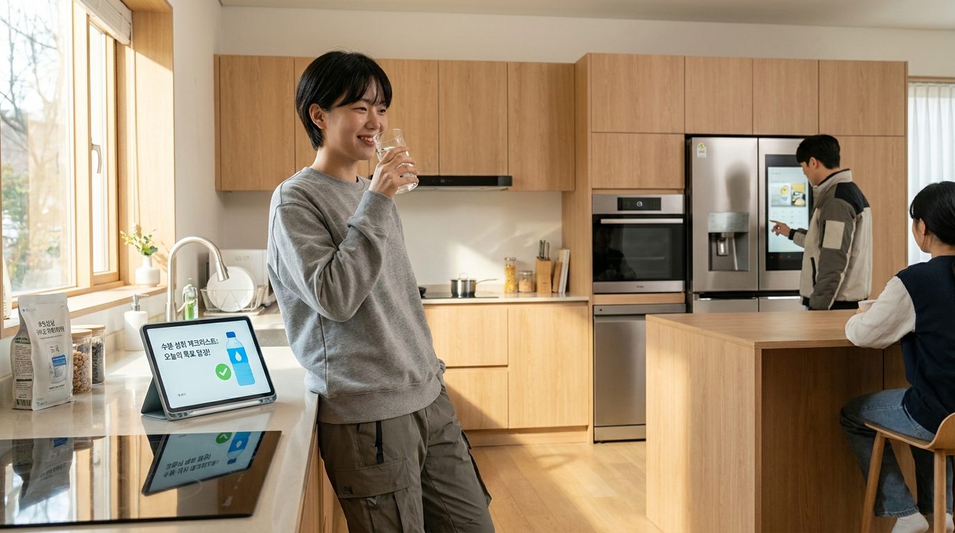 현대적인 주방에서 물을 마시며 건강한 모습을 보이는 한국인 청년의 모습