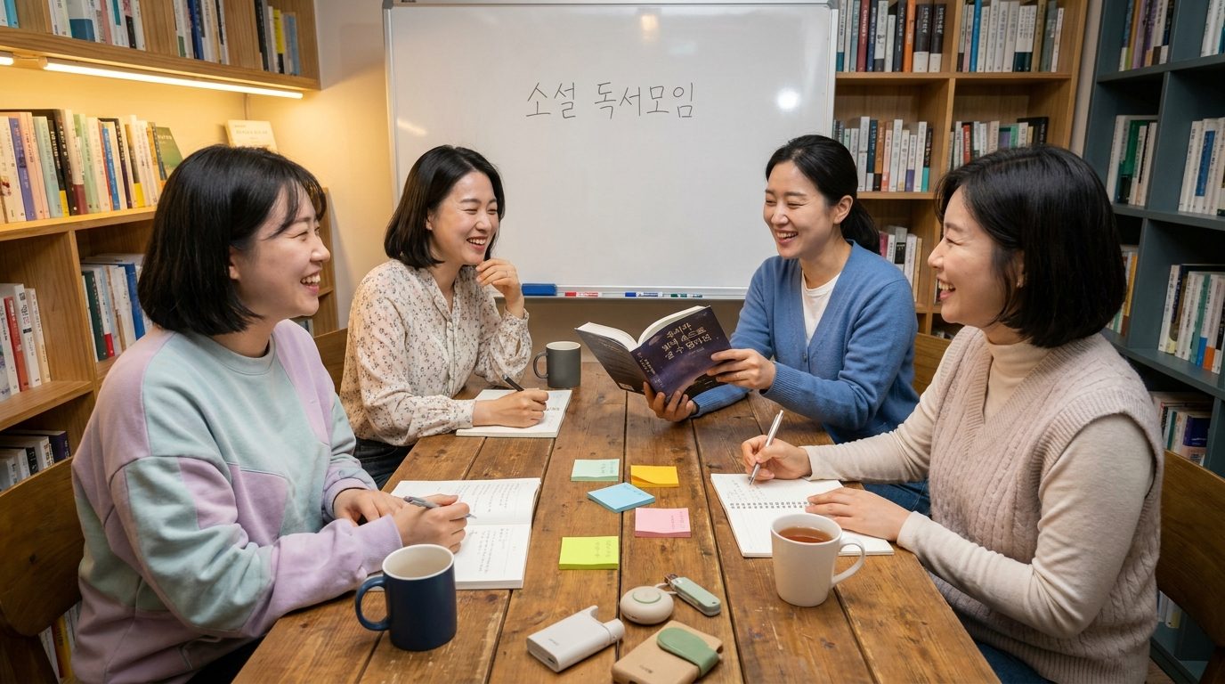 소설북토크: 소설 독서모임에서 네 명의 여성들이 따뜻한 분위기에서 활발하게 토론하는 장면