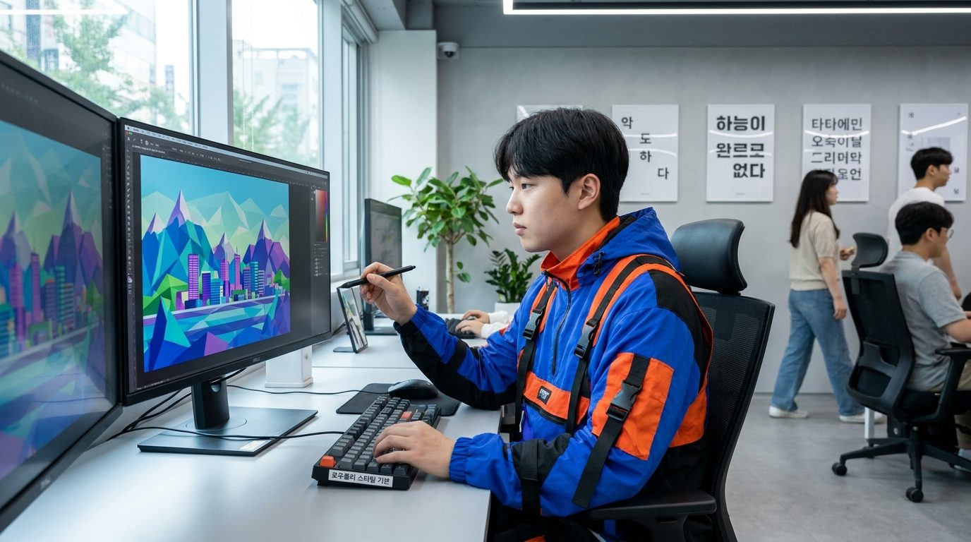 로우폴리 AI 변환 프롬프트: 로우폴리 스타일의 기본 키워드를 넣고 작업하는 한국의 현대 디지털 아티스트의 모습, 자연광과 깔끔한 현대적 작업공간 배경