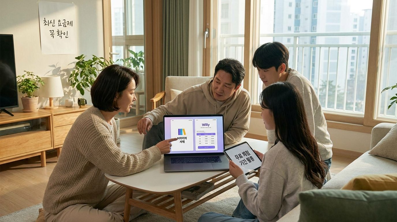 한국의 현대 가정에서 밀리의 서재와 윌라 앱의 요금제를 비교하는 가족 사진