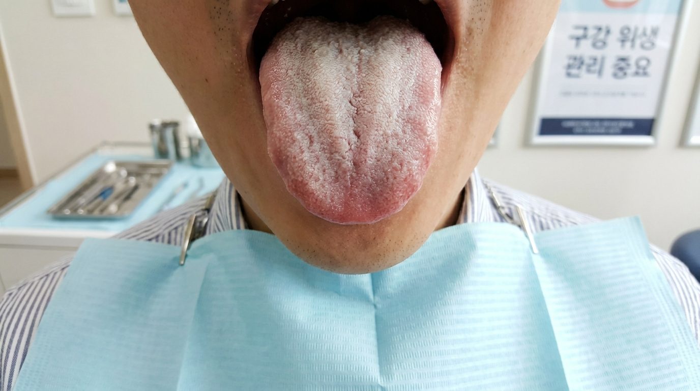 구강 위생 관리를 보여주는 치과에서 두껍고 하얀 혀 백태를 클로즈업한 이미지