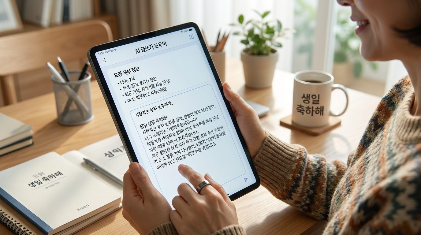 AI 편지 작성 인터페이스가 보이는 디지털 기기를 들고 있는 사람의 이미지