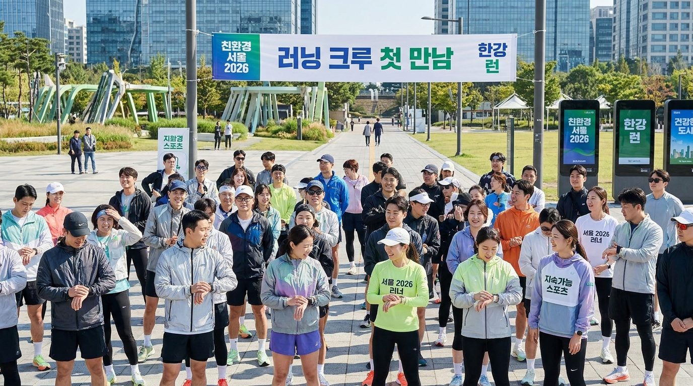 서울의 현대 공원에서 2026년 최신 패션을 입은 다양한 한국 러너들이 러닝크루 첫 만남을 준비하며 친근하게 모이는 모습