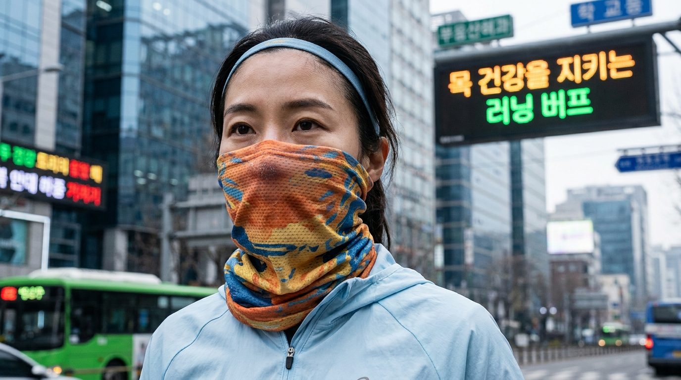찬 공기로부터 호흡기를 보호하기 위해 스포츠 버프를 착용한 한국 여성이 얼굴 클로즈업된 모습