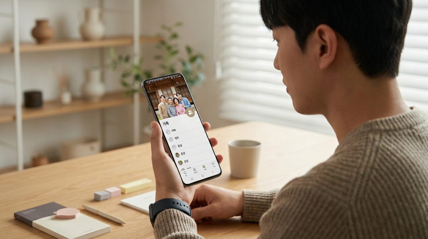 모바일 연락처 그룹에서 가족 그룹을 보여주는 스마트폰 화면과 한복과 세련된 현대복장을 입은 한국인 젊은 남성, 아늑한 한국 가정 환경 배경