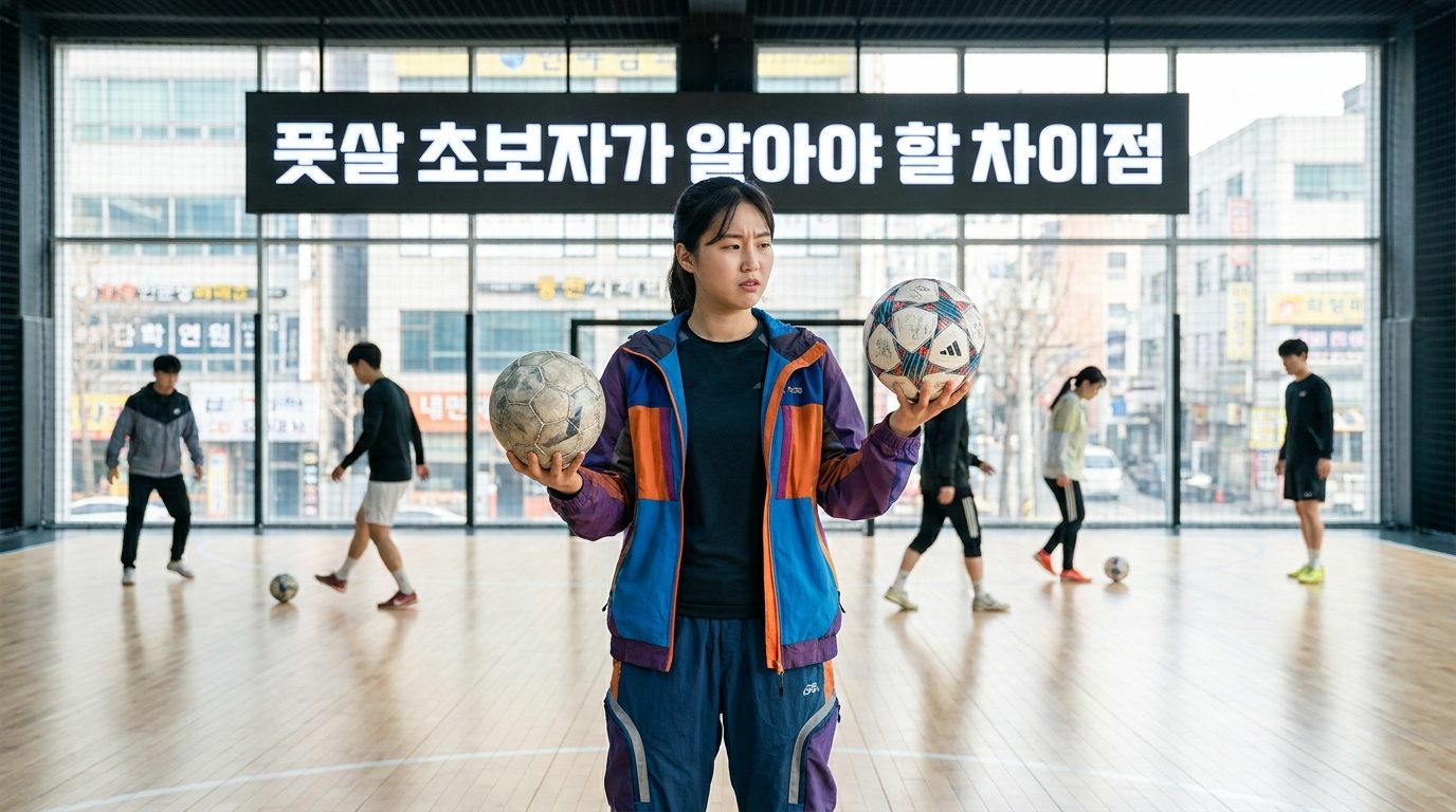 풋살 초보자가 풋살공과 축구공을 비교하며 당황하는 모습의 한국 여성 사진