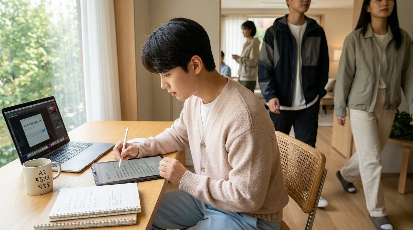 프롬프트 가중치 문법: 현대적인 집에서 디지털 태블릿으로 AI 이미지 생성 프롬프트를 작성하는 창의적인 전문가의 모습