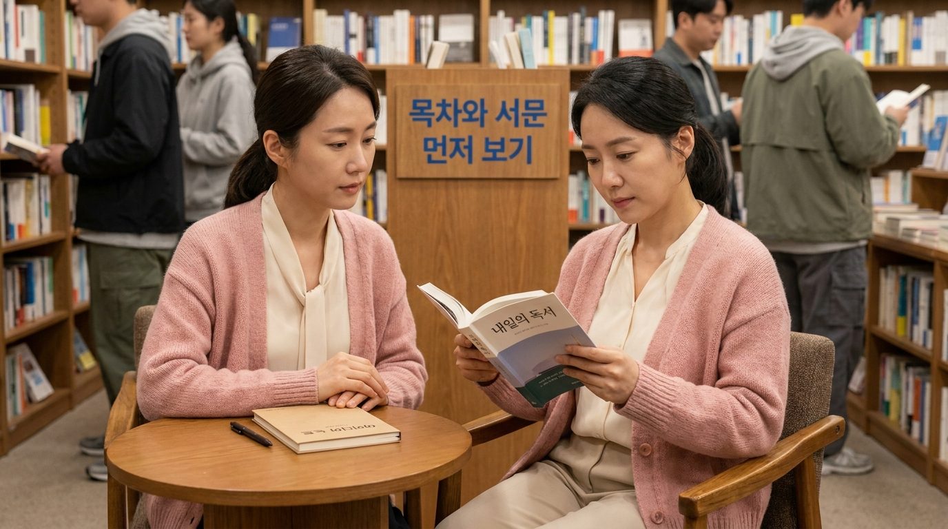 서점 코너에서 목차와 서문을 집중해서 읽고 있는 분홍색 카디건을 입은 여성의 중간 클로즈업 사진