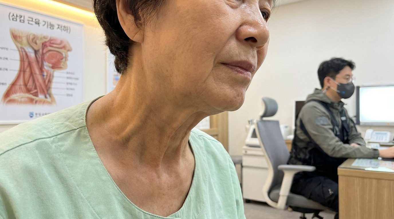 삼킴 관련 근육 기능 저하에 대한 설명을 하는 한국 노인의 목 부위 클로즈업