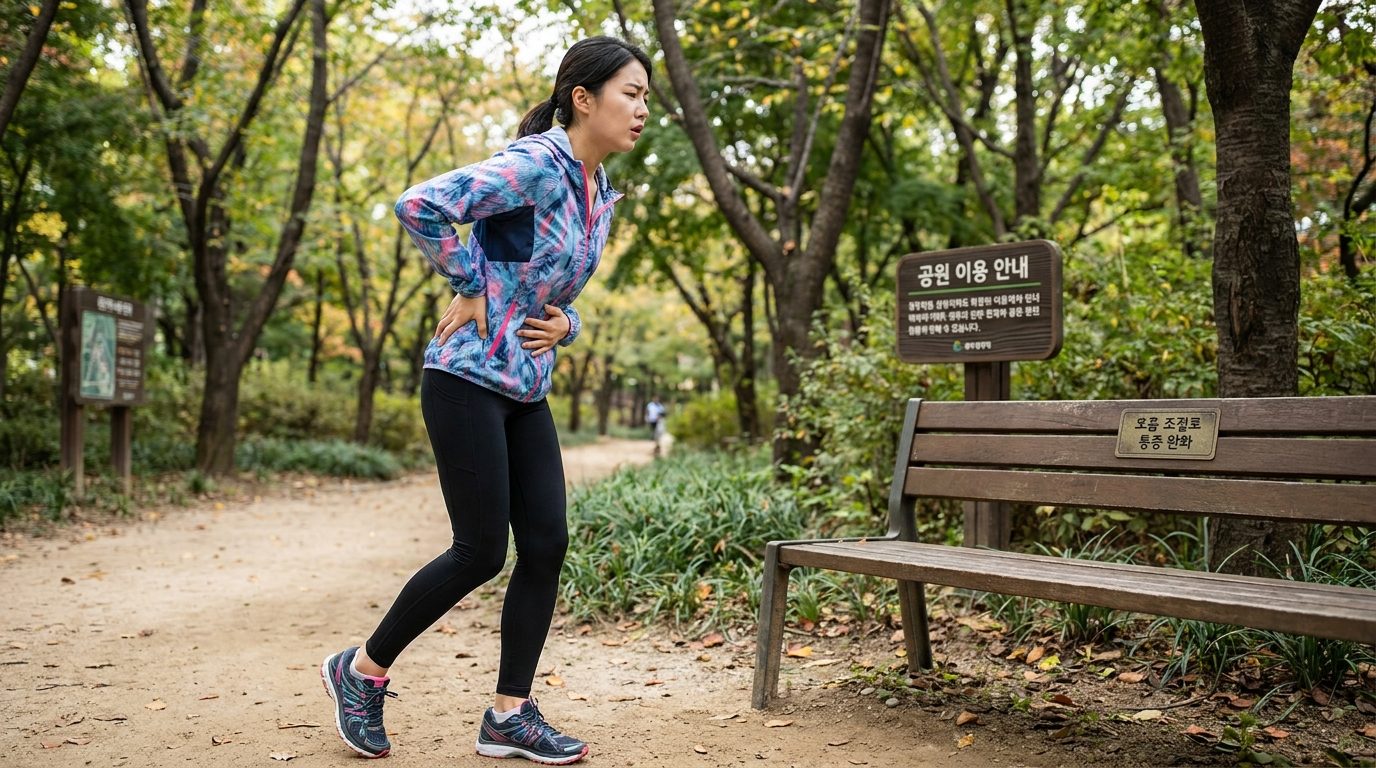 옆구리 통증 완화를 위해 깊게 호흡하는 한국인 러너