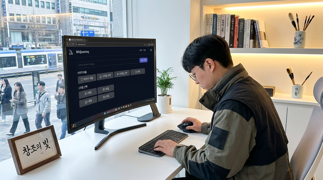 미드저니 웹 버전 직관적 이미지 편집 버튼이 보이는 한국 현대 사무실 환경 이미지