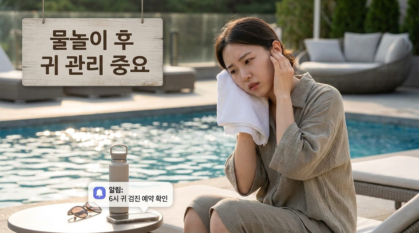 수영장 옆에서 2026년 패션을 입은 젊은 한국 여성이 물놀이 후 귀를 수건으로 닦으며 외이도염 위험을 표현하는 근접 촬영