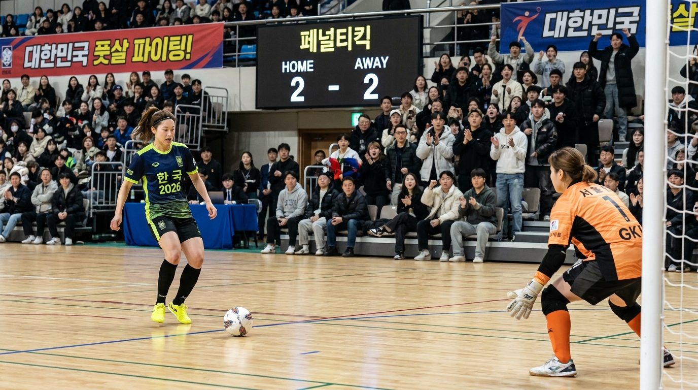 여성 풋살 선수가 페널티 에어리어 내에서 페널티킥을 준비하는 긴장감 넘치는 실사 이미지
