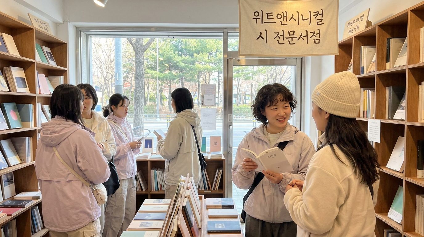서울 신촌에 위치한 시집 전문 독립서점 위트앤시니컬 내부, 따뜻한 자연광 속에서 화사한 복장의 여성 고객들이 시를 고르고 이야기를 나누는 모습