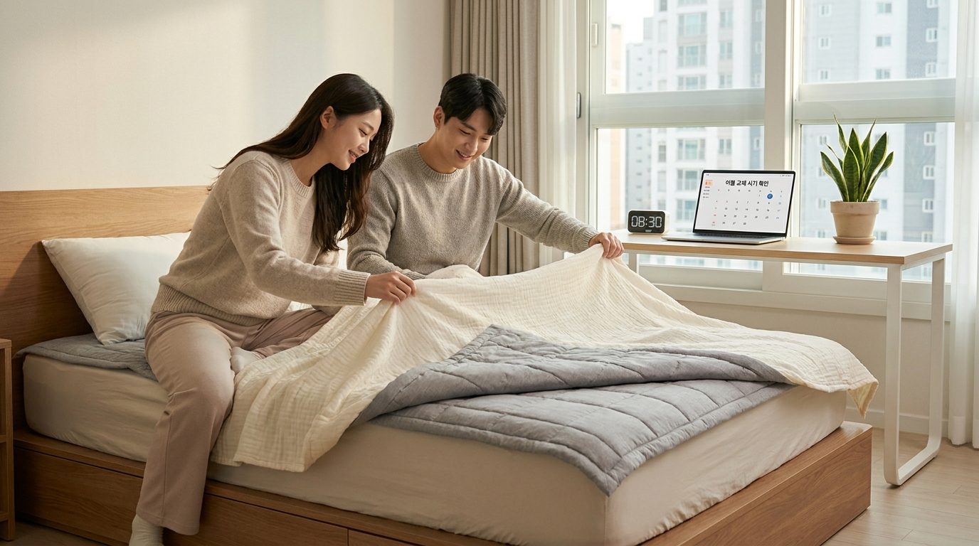 가을 일교차에 맞게 얇은 이불과 중간 두께 이불을 함께 사용하는 젊은 한국 부부 모습
