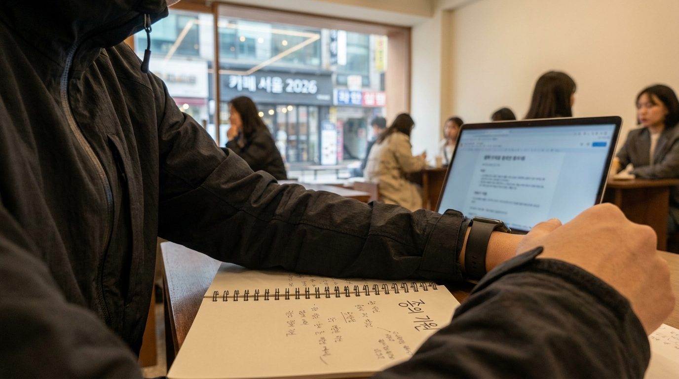 종의 기원 소설의 사이코패스 1인칭 시점을 표현한 한국인 인물의 클로즈업, computer 화면에 한글 문구가 보인다.