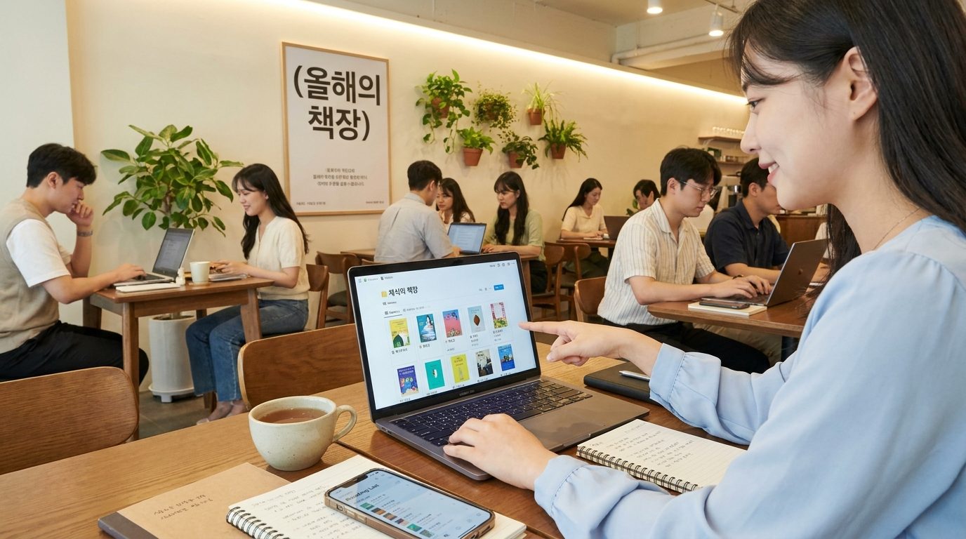 따뜻한 조명이 있는 현대적 업무 공간에서 가벼운 파란색 블라우스를 입은 여성 독자가 노션 독서 데이터베이스를 보여주는 노트북 화면을 가리키며 미소 짓는 모습