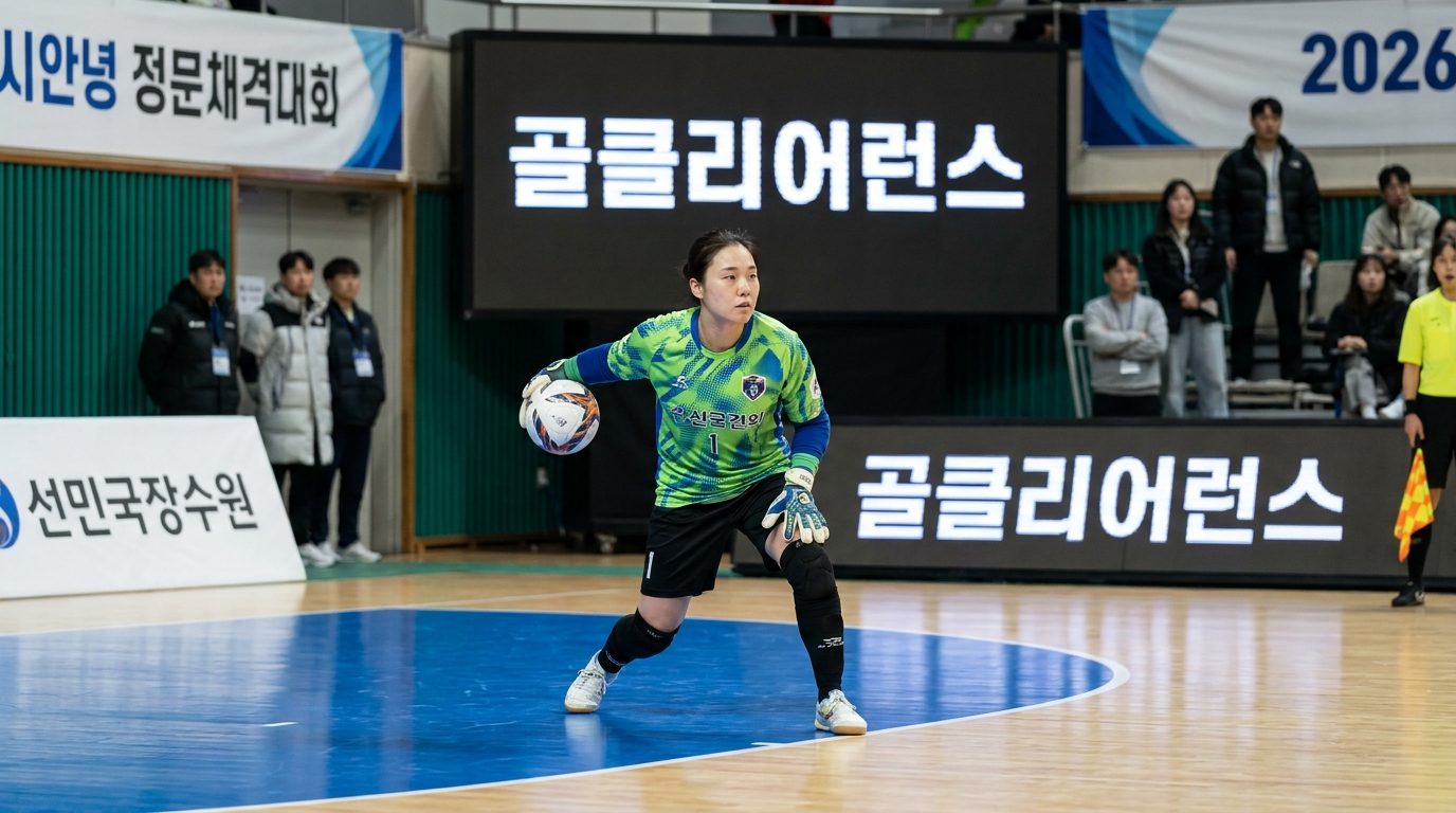 여성 풋살 골키퍼가 페널티 에어리어 안에서 골클리어런스를 준비하는 선명한 실사 이미지
