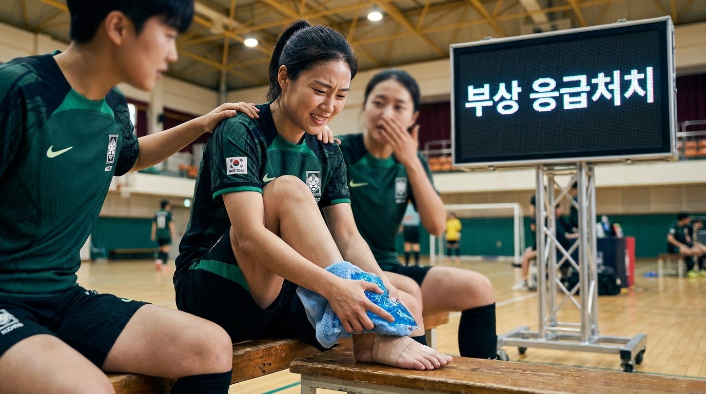 실내 풋살 경기장에서 발목 부상을 응급처치하는 여자 선수의 클로즈업