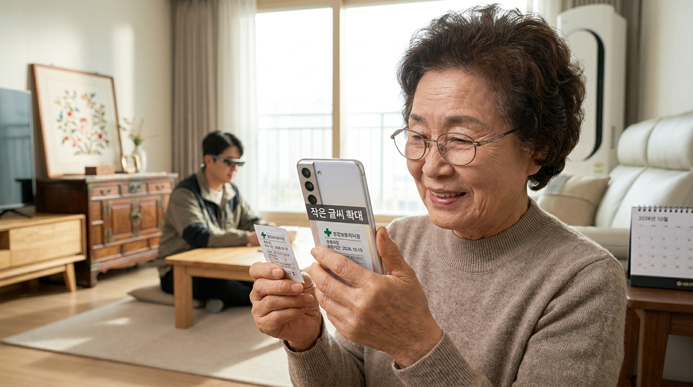 스마트폰의 기본 카메라 확대 기능을 사용해 약 봉투의 작은 글씨를 확대하여 보는 한국의 어르신 모습