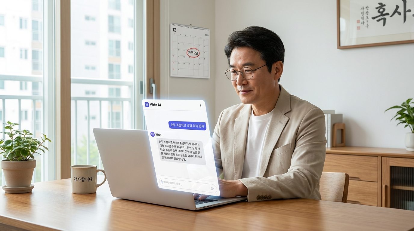 현대적인 가정용 사무실에서 2026년 스타일의 스마트 캐주얼 복장을 한 중년 한국 남성이 노트북으로 뤼튼 AI와 상호작용하는 모습