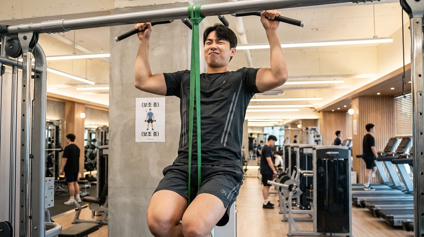 밴드를 사용해 보조 턱걸이를 하는 한국인 남성의 고화질 사진, 배경에 (보조 중)이라는 한국어 문구가 보이는 헬스장 내부