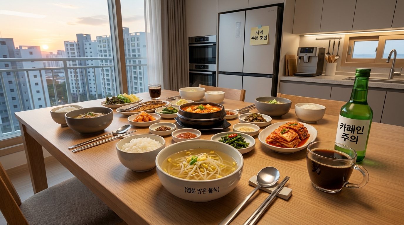 현대 한국 가정의 저녁 식탁에 염분 많은 국과 찌개, 음료가 놓인 모습