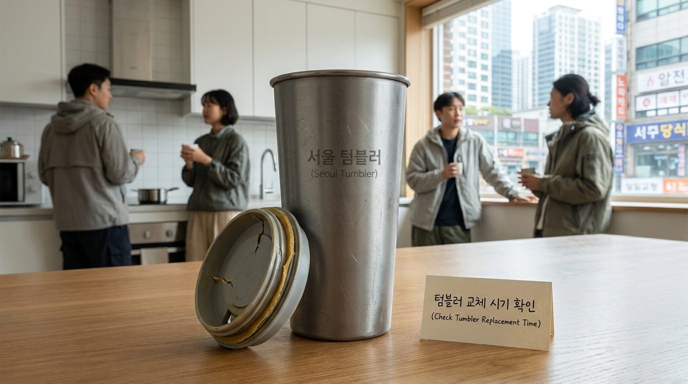 오래된 텀블러와 변색된 고무패킹, 교체 필요성 강조