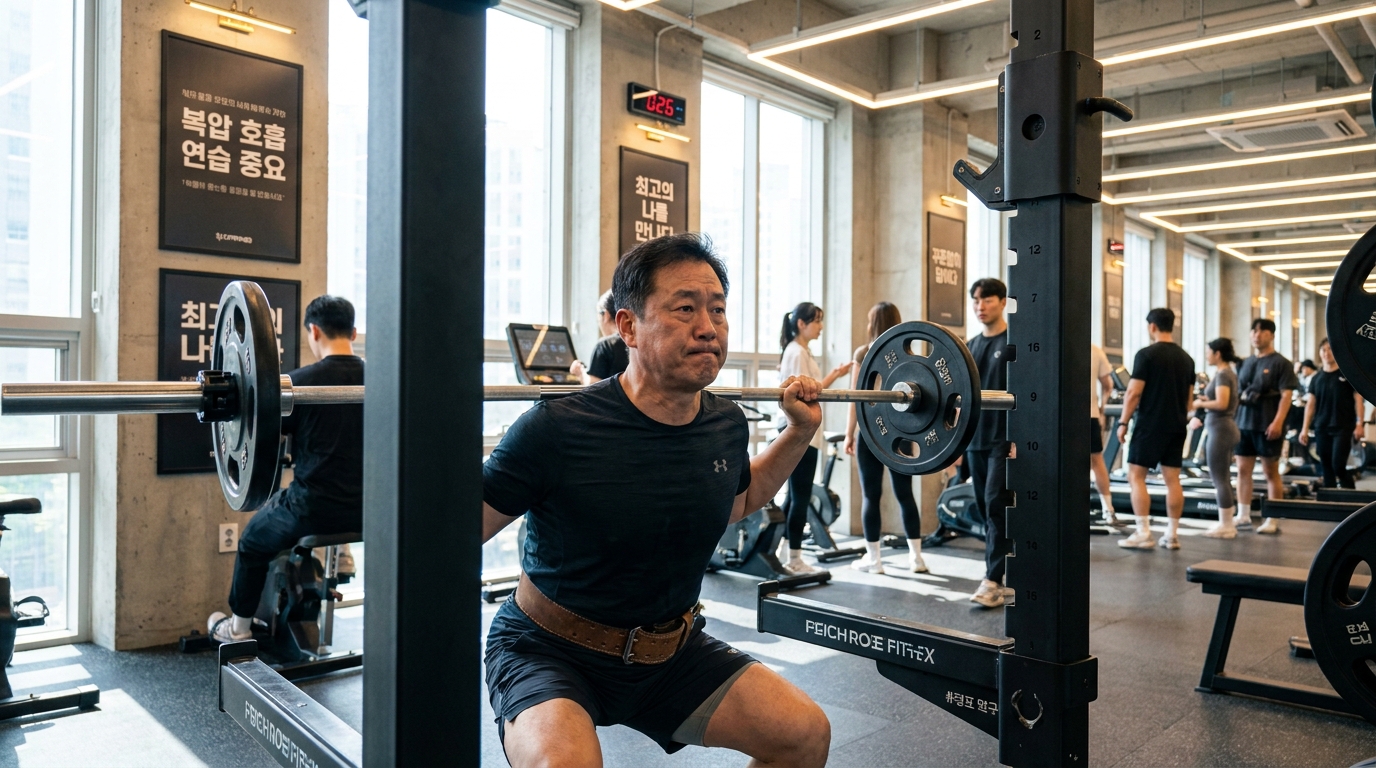 2026년 한국 헬스장에서 헬스벨트를 착용하고 무거운 스쿼트를 하고 있는 중년 한국 남성의 광각 장면