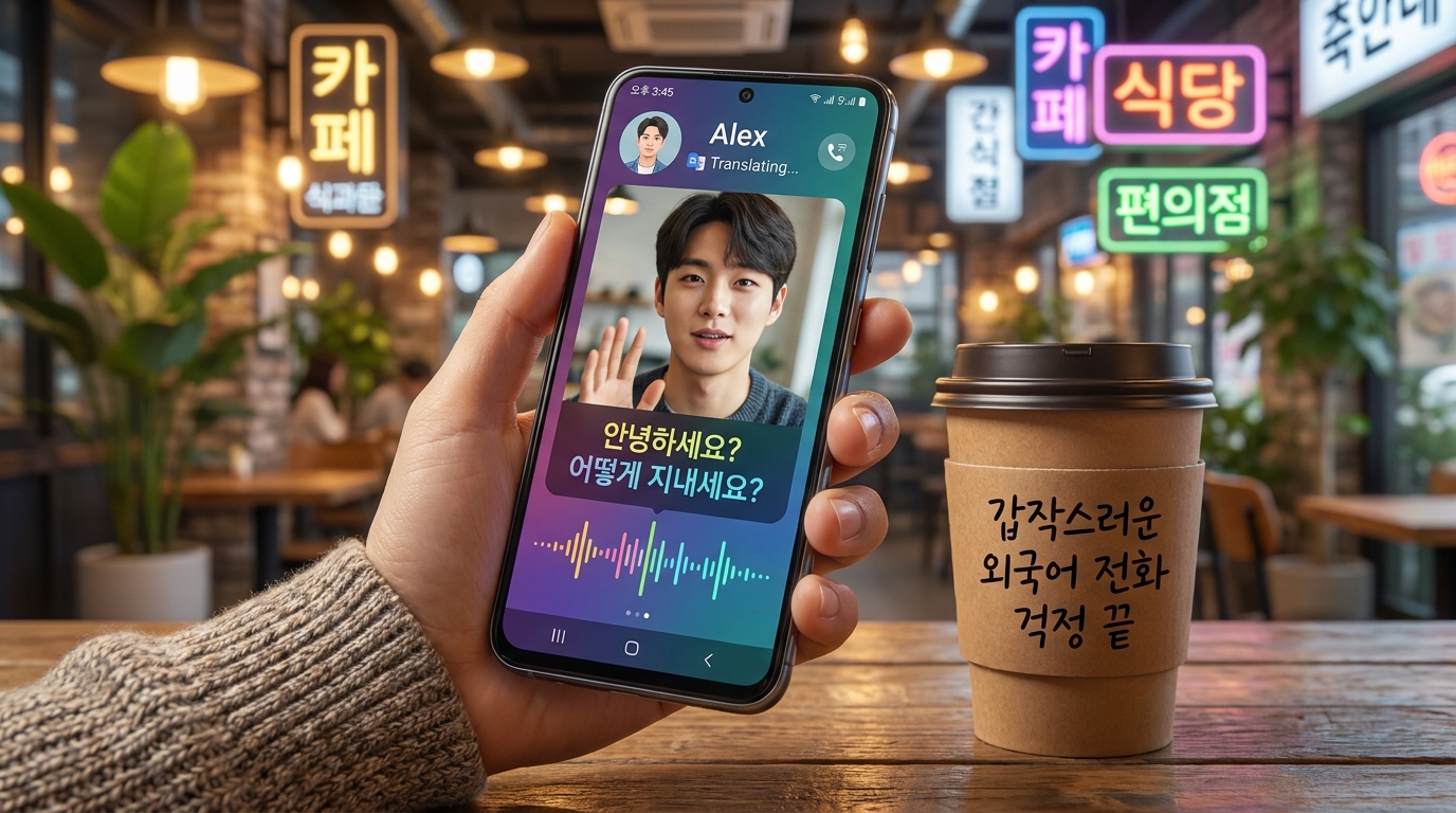 카페에서 실시간 통역 중인 휴대폰 화면과 한국어 문구가 있는 종이컵
