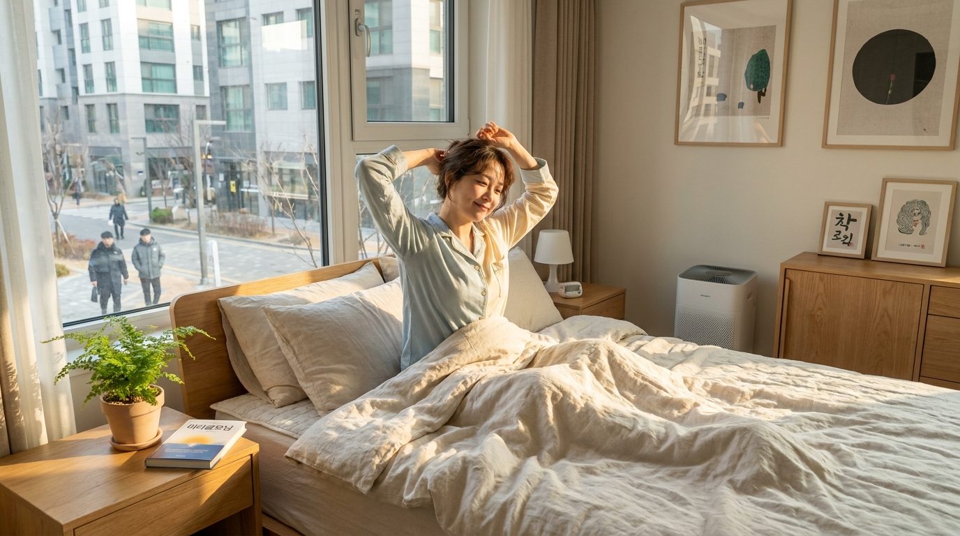 주말 아침에 따뜻한 자연광 속에서 편안한 잠옷을 입고 기지개 켜며 주말을 시작하는 한국 여성의 실사 이미지