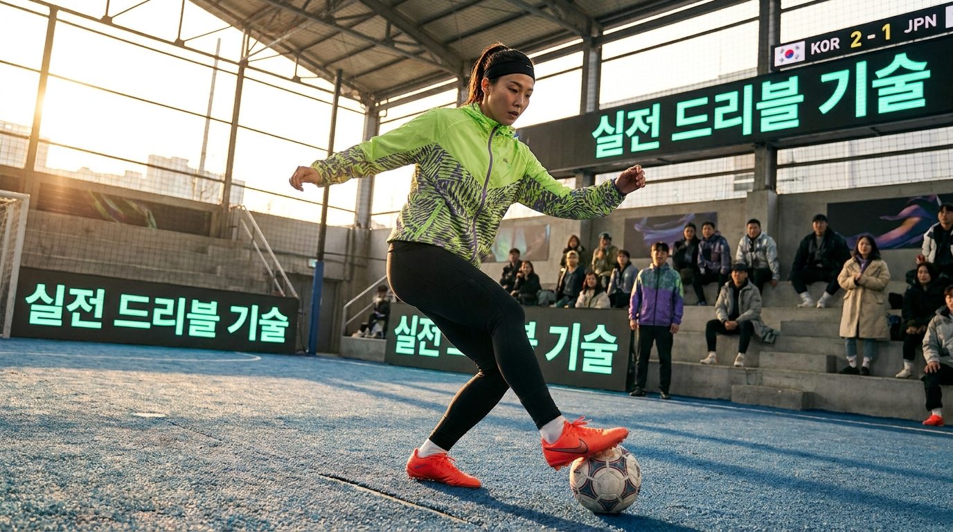 실외 풋살장 환경에서 마르세유턴이나 크루이프턴을 구사하는 한국 여성 축구 선수의 역동적인 모습