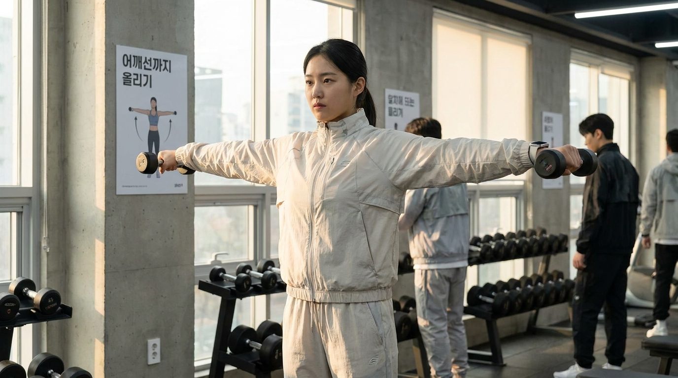 덤벨을 어깨선까지만 들어 올리는 모습을 보여주는 한국인 운동인의 모습