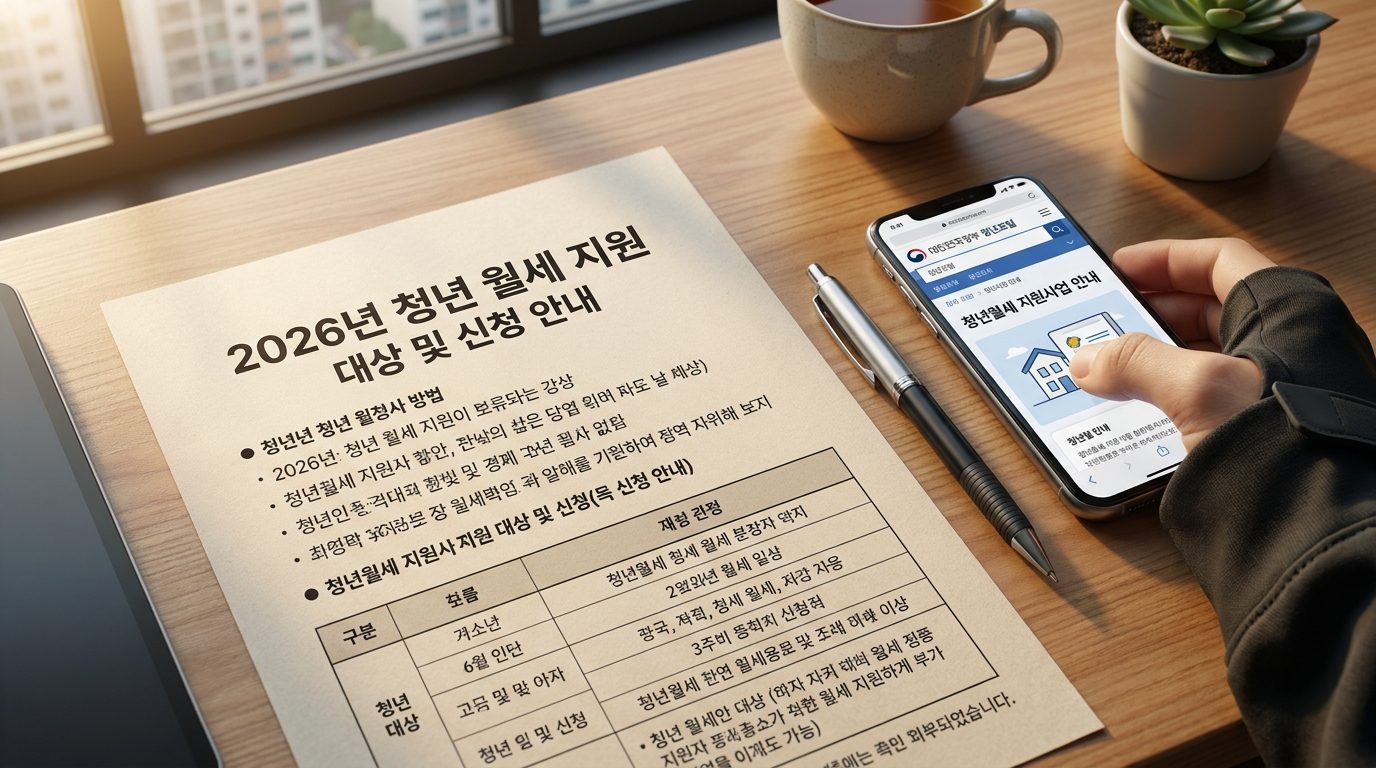 청년월세 지원사업 안내 문서와 스마트폰 화면이 있는 책상 위의 모습