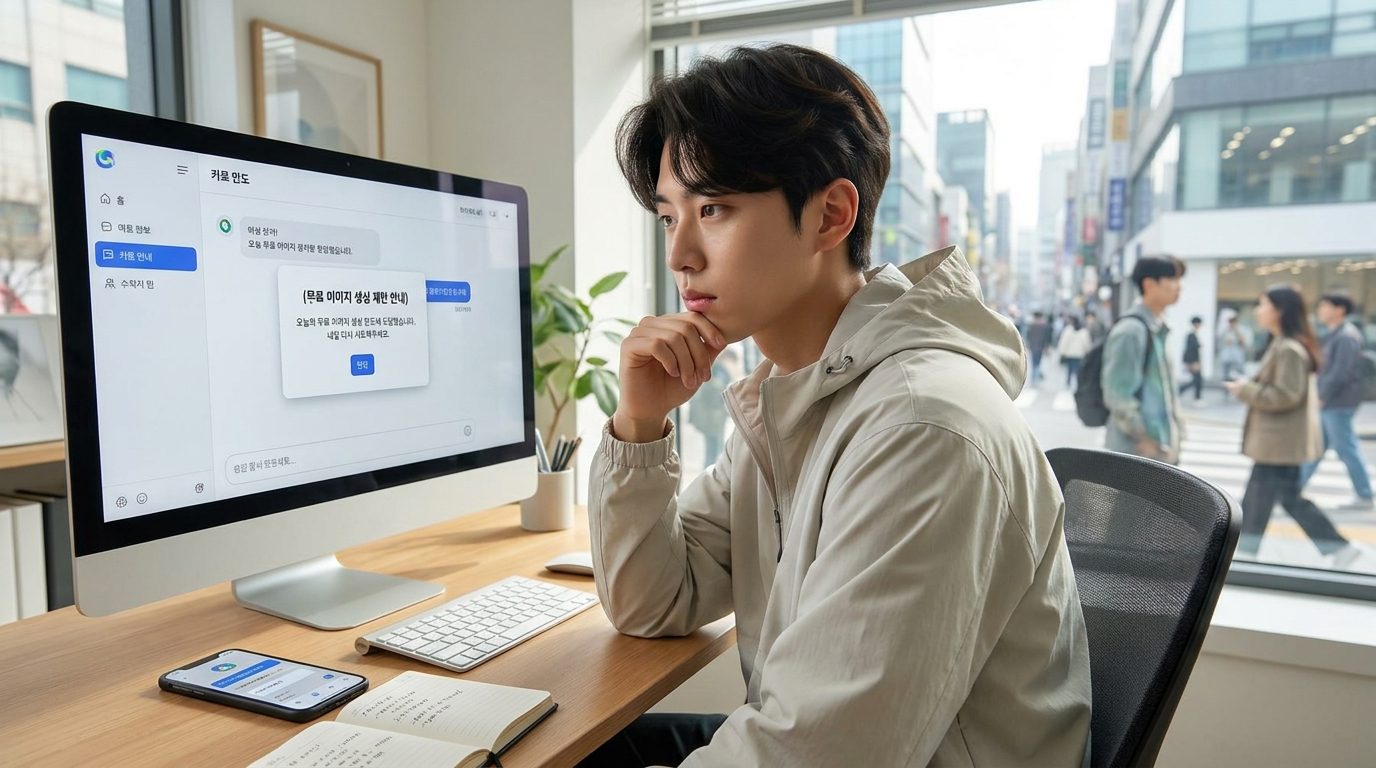 챗GPT 무료 이미지 생성 한도: 현대적인 2026년 대한민국 가정이나 사무실 책상에서 컴퓨터 화면에 무료 이미지 생성 제한 안내 메시지가 보이는 장면, 젊은 한국인 남성이 생각에 잠긴 모습으로 캐주얼한 옷차림, 자연광이 들어오는 아늑한 배경