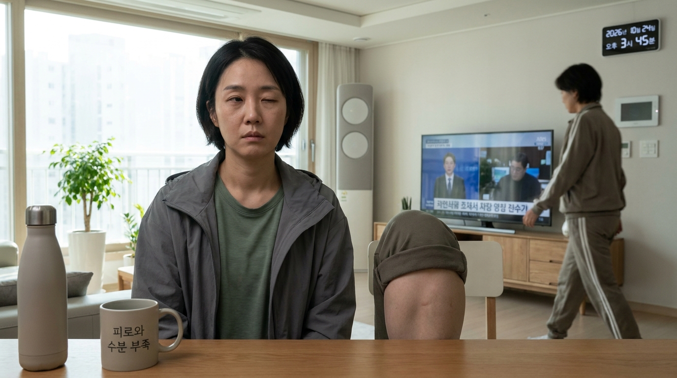 피곤해 보이는 한국인 성인이 종아리와 눈꺼풀에 미세한 근육 떨림을 보이는 모습, 자연광이 비치는 현대 한국의 거실 배경