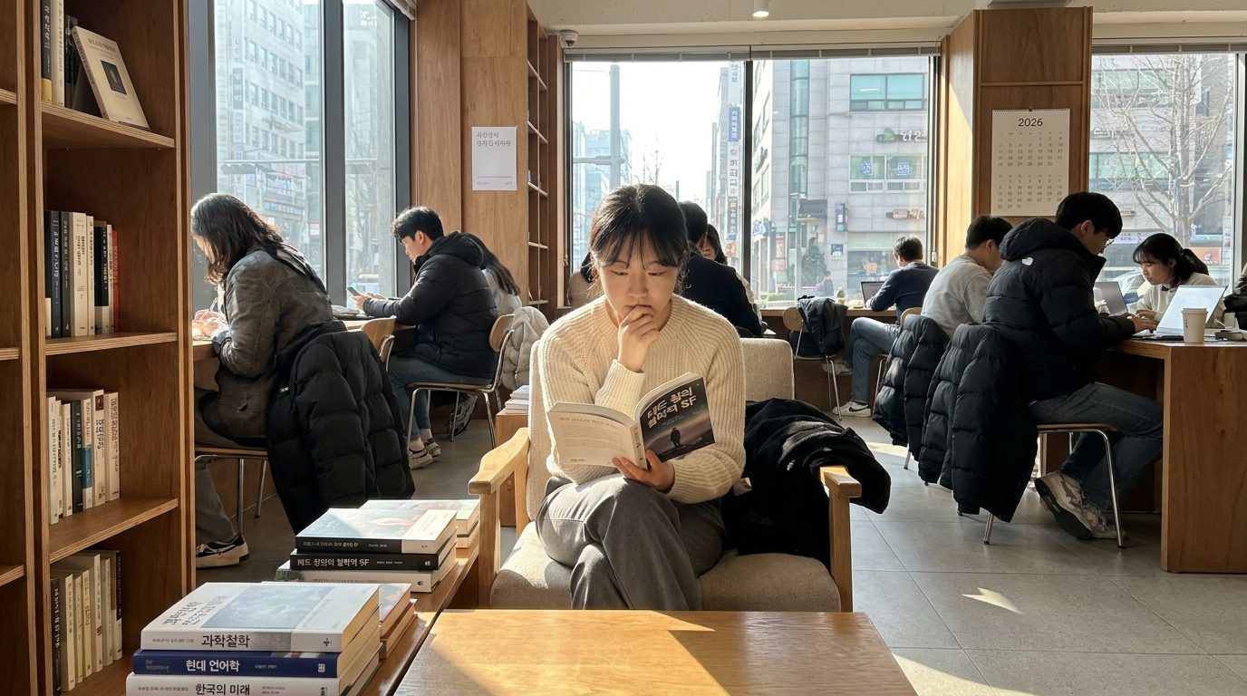 현대적인 한국 독서 공간에서 철학적 SF 소설을 읽으며 사색에 잠긴 젊은 여성의 모습