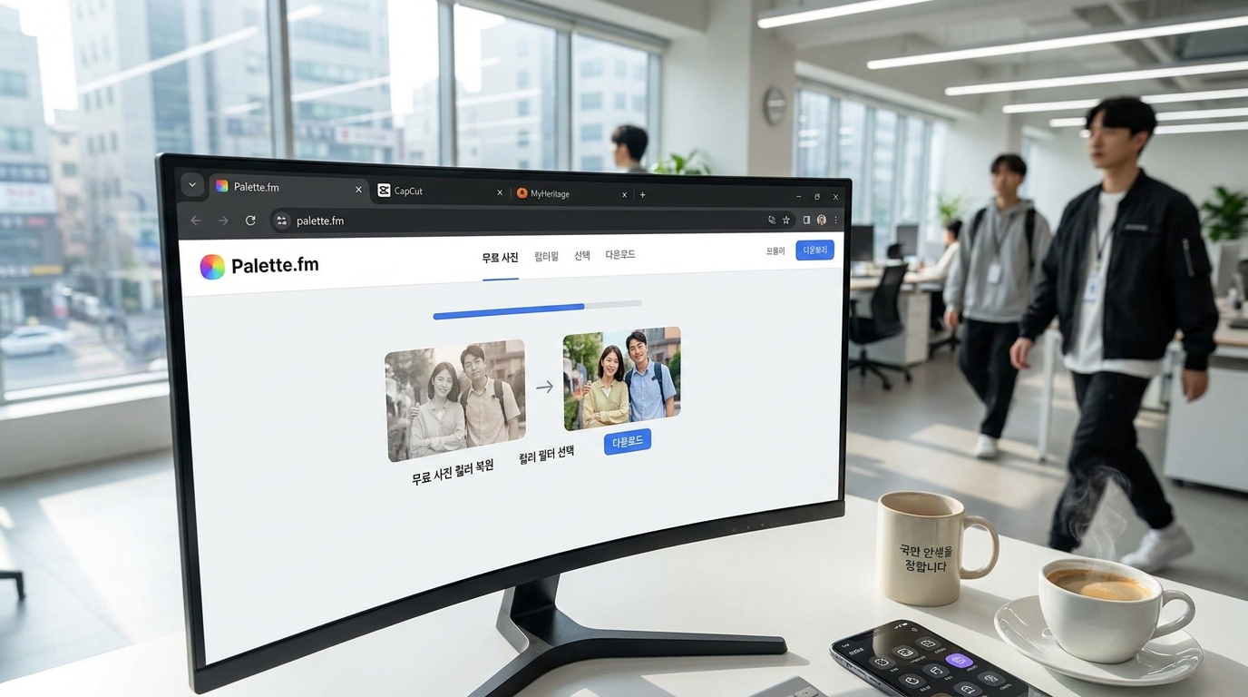 현대적인 한국 사무실에서 컴퓨터 화면에 무료 AI 사진 컬러 복원 사이트들이 한국어 화면으로 표시된 모습의 클로즈업