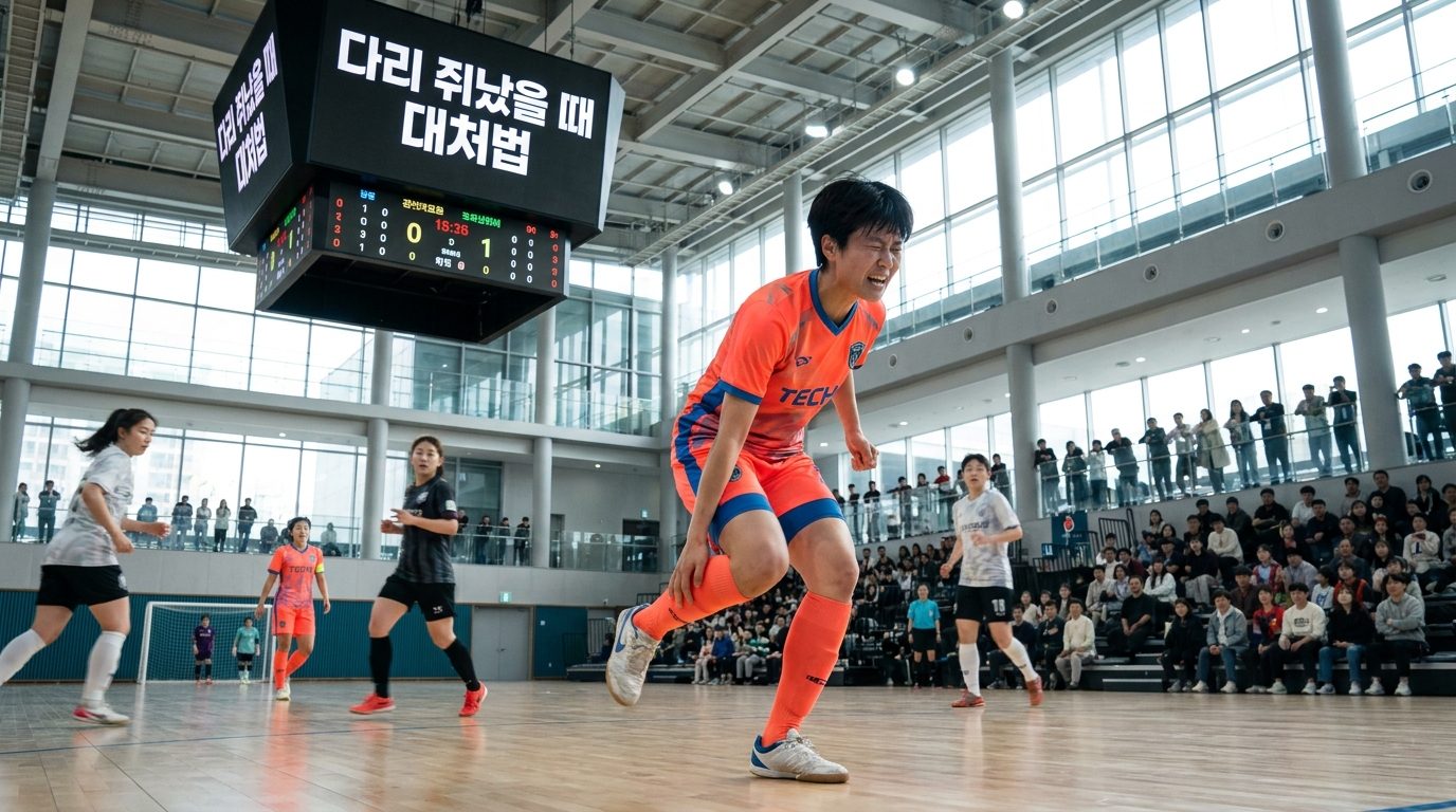 여성 풋살 선수가 경기 중 전력 질주 중 종아리에 쥐가 나는 모습