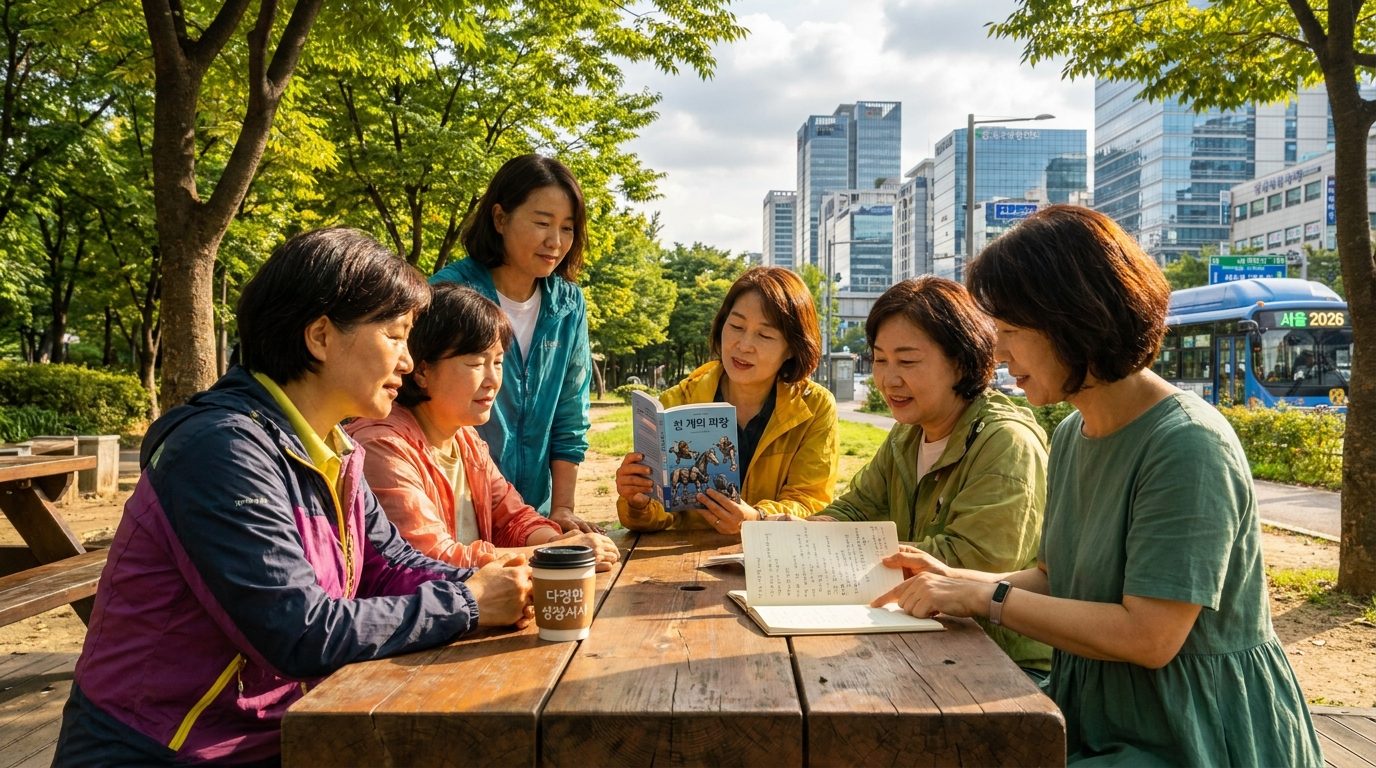 공원에서 천 개의 파랑을 읽으며 토론하는 한국 여성들의 따뜻한 모습