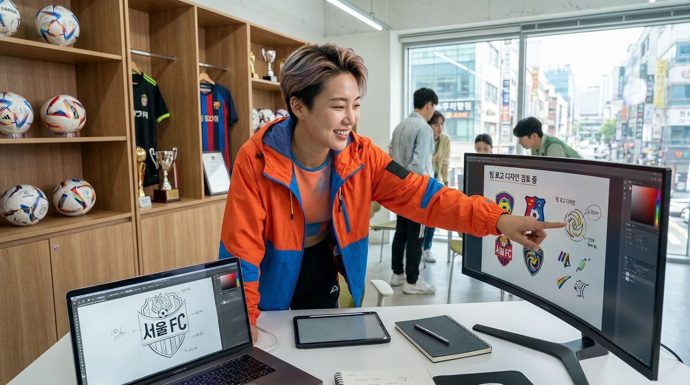 풋살 유니폼 제작: 풋살 동호회 임원이 팀 유니폼 디자인을 컴퓨터 화면에서 검토하는 모습